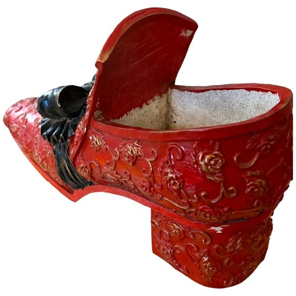 RARE! Vtg Ornate Red Plaster Shoe Planter Frilly Black Bow, Roses & Gold Accents - Picture 12 of 15